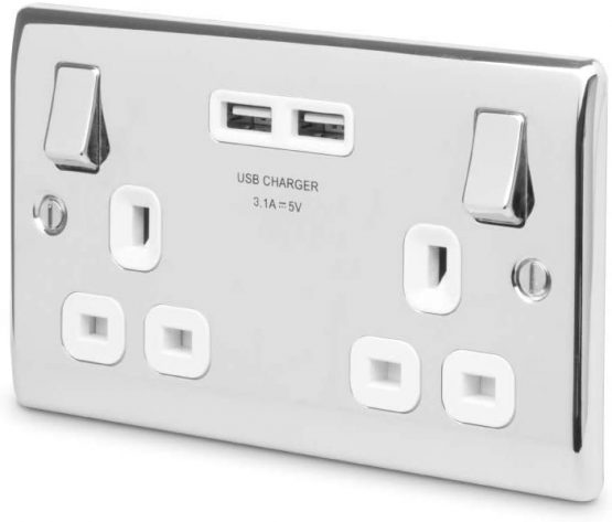 BG Electrical npc22u3w Double Switched Fast Charging Power Socket with Two USB Charging Ports, 13 A, Polished Chrome, 16.3 cm*18.0 cm*3.1 cm - Image 2