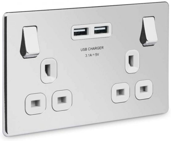 BG Electrical FPC22U3W Screwless Flat Plate Double Switched Fast Charging Power Socket with Two USB Charging Ports, 13 A, Polished Chrome with White Inserts, 16.3 cm*18.0 cm*3.1 cm - Image 2