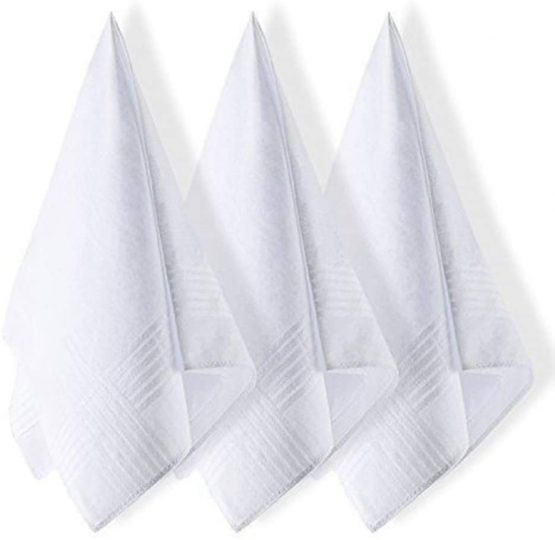 Dudu N Girlie! Cotton Men's Satin Border Handkerchiefs, Pack of 12, White