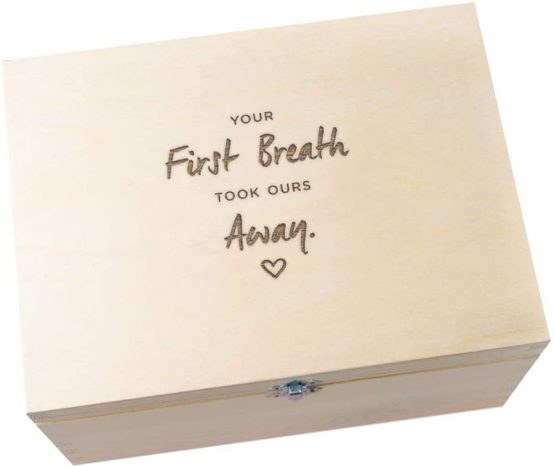 Wooden Engraved Keepsake Box/Baby Keepsake Memory Box/Engraved Gifts for New Parents/Baby's First Christmas/Newborn Girl Boy Gifts (Your First Breath Took Ours Away)