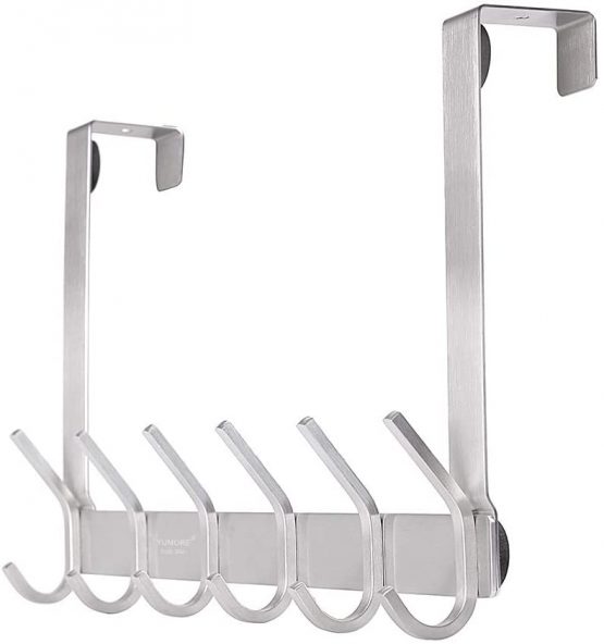 YUMORE Over The Door Hook Hanger,Stainless Steel Heavy Duty Door Hangers 12 Hooks Coat Hanging Storage Rack Space Saving Clothes Hat Bag Towel Robe Organizer for Tidy Bedroom Bathroom - Brush Finish