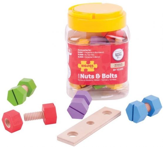 Bigjigs Toys Jar of Wooden Nuts and Bolts - Construction Set