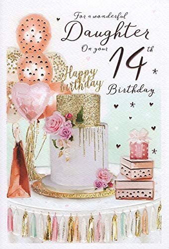 Wonderful Daughter 14th Birthday Card (ICG-7145) - Birthday Cake - Foil and Flitter Finish, Multi, 225mm x 155mm