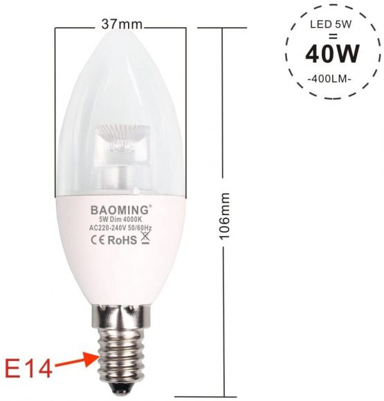 Baoming Dimmable E14 LED Candle Light Bulb 40W Equivalent, 5W Neutral White Candelabra E14 SES Bulbs, 400lm, CRI80, Clear, 220-240 Volt, Pack of 6 - Image 2