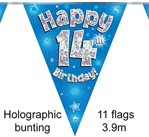 Party Bunting Happy 14th Birthday Blue Holographic 11 flags 3.9m, 10cm x 6cm