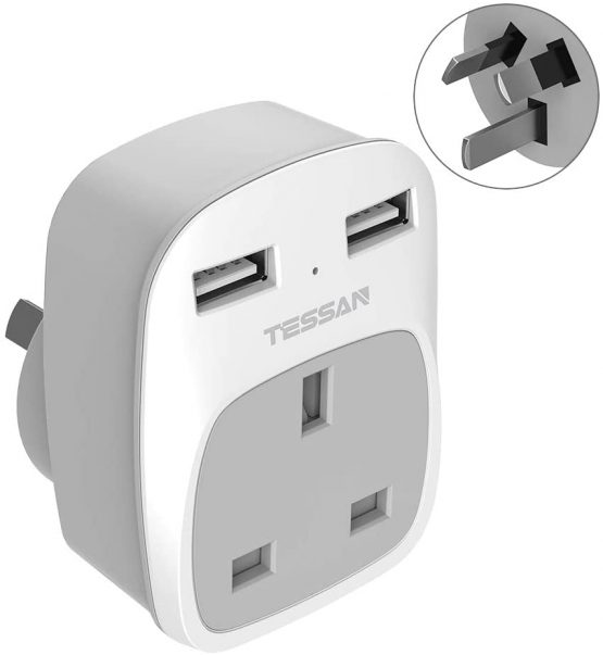 Australia China Plug Adapter with 2 USB Ports, TESSAN Grounded AU Outlet Travel Adapter - 3 in 1 Power Adaptor for UK to Australian New Zealand Fiji Argentina and more (Type I)
