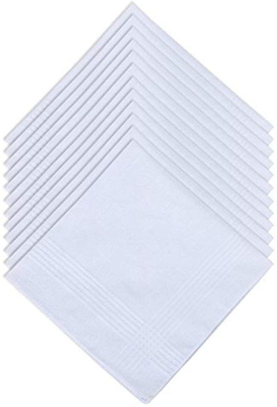 Mens White Handkerchiefs Quality Cotton Gents Hankies - 12 Pack of Mans Handkerchieves Satin Border White 100% Soft Cotton Pocket Hanks