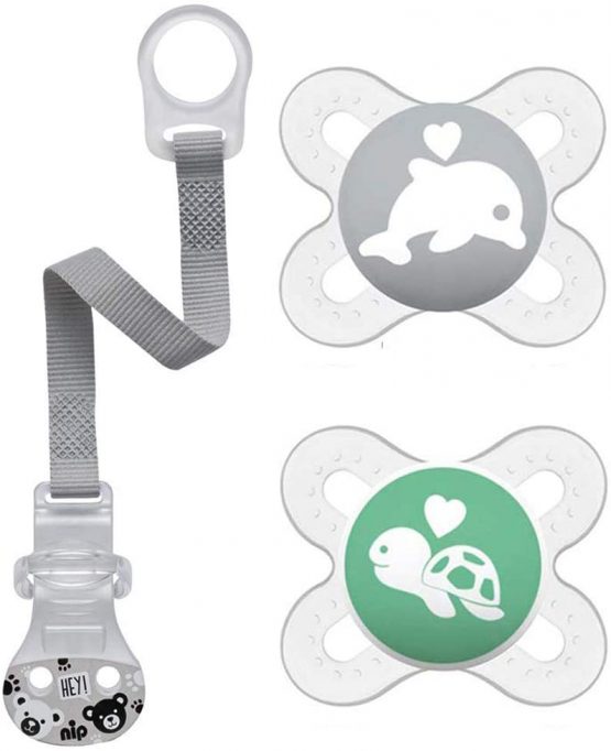 MAM Skin Soft Silicone Dummy Start Especially for Premature and Newborns Extra Small // 0-2 Months Neutral // Set of 2 // Includes Sterilised Transport Box & NIP Dummy Strap