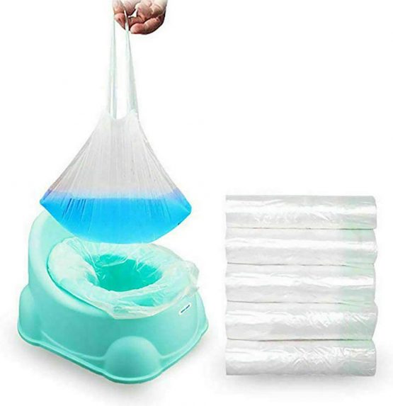 WeforU Travel Potty Liners, 50 Pcs/Pack Kids Portable Potty Trainer Liners Disposable Traning Toilet Seat Bin Bags with Drawstring (17.32" x 9.45"Inch)