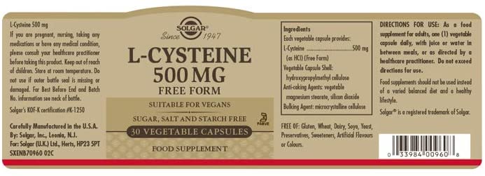 Solgar L-Cysteine 500 mg Vegetable Capsules, Pack of 30, Metabolism Support, Amino Acid Supplement for Skin Hair and Nails - Image 2
