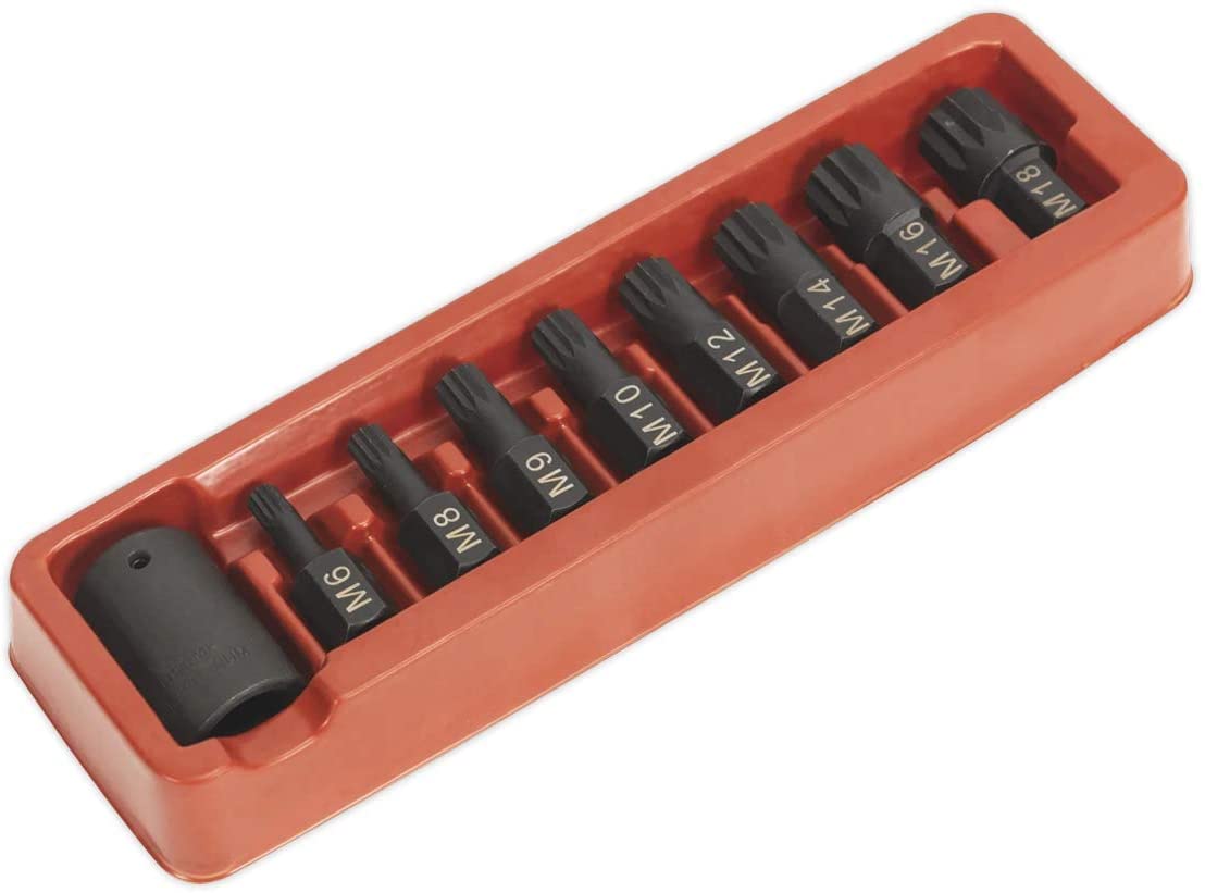 Sealey Ak5611 Impact Spline Bit and Holder Set 9Pc 1/2Sq Drive, Black, 1/2"