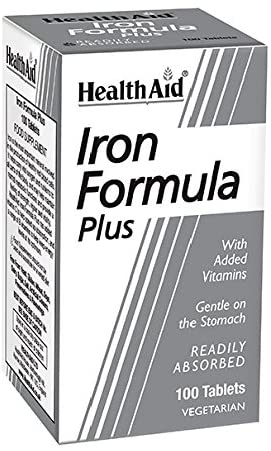 HealthAid Iron Formula Plus - 100 Count (Pack of 1) Vegetarian Tablets, White