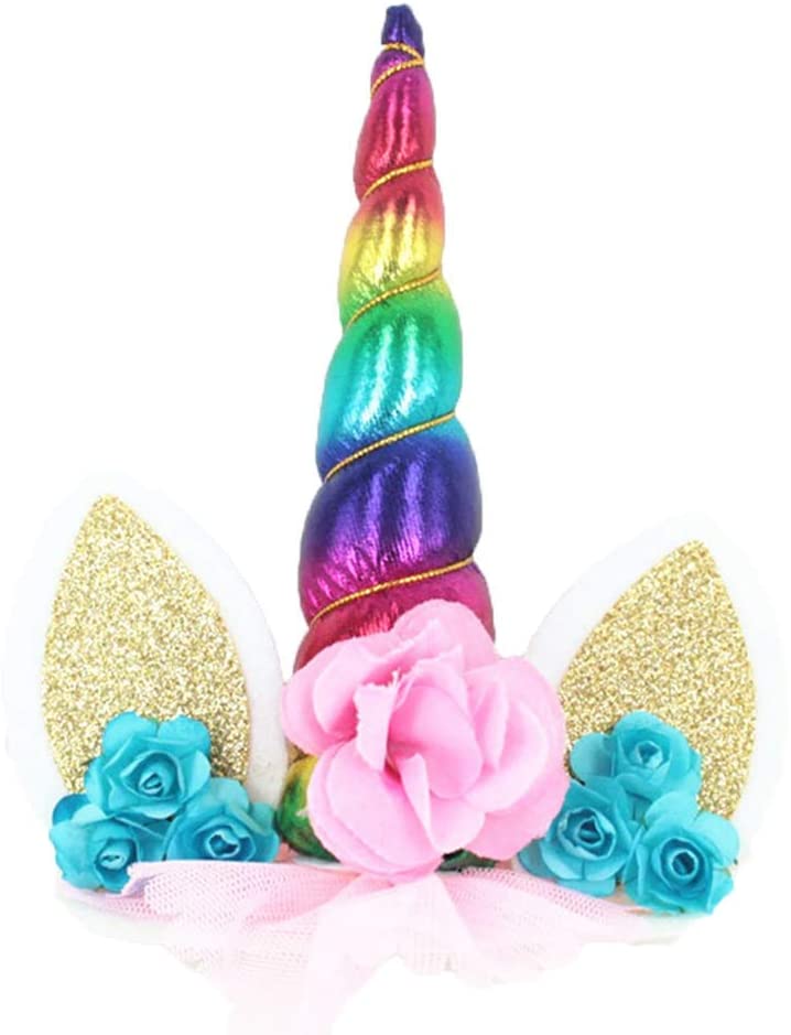 OWill Unicorn Cake Topper with Eyelashes Party Cake Decoration Supplies for Birthday Party Wedding Baby Shower 5.8 inch (Green Flower Multicolour Horn) - Image 2