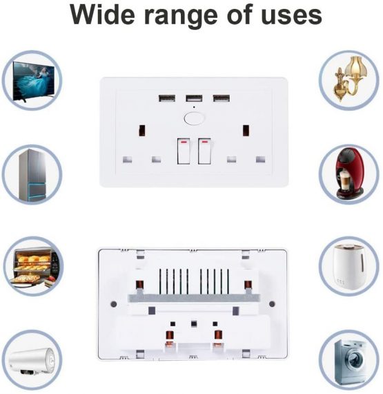 Electric Wall Socket Outlet Charger 2 Gang 13A with 3 x USB Charger Ports Power Double Pole Switched Socket - Image 4