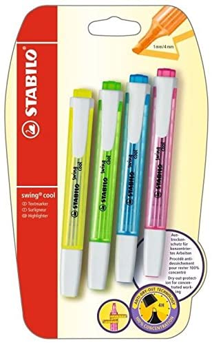 STABILO Swing Cool Highlighters Pack of 4 Green Yellow Blue Pink, Yellow, green, blue, pink, 1 count (Pack of 4)