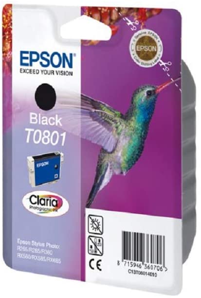 Epson T0801 Black Hummingbird Genuine Ink, Claria Photo HD Ink Cartridge, Standard