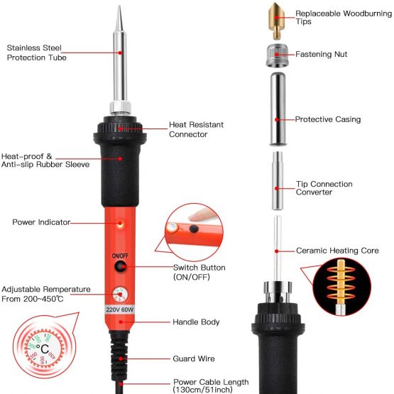 Preciva 45 in 1 Wood Burning Pyrography Pen and Soldering Iron Kit, Wood Engraving Craft Kit with Pyrography Basics and 60W Adjustable Temperature Wood Burner Pen Tool for Carving with 31 Tips,Orange - Image 2