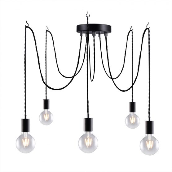 Black Industrial Pendant Light Fitting, 5lights Spider Hanging Light Fitting with Adjustable 3M Twisted Braided Cable, Retro Industrial Cluster Pendant Light Fittings E27 Lamp Holder-Black/1010-5LT - Image 2