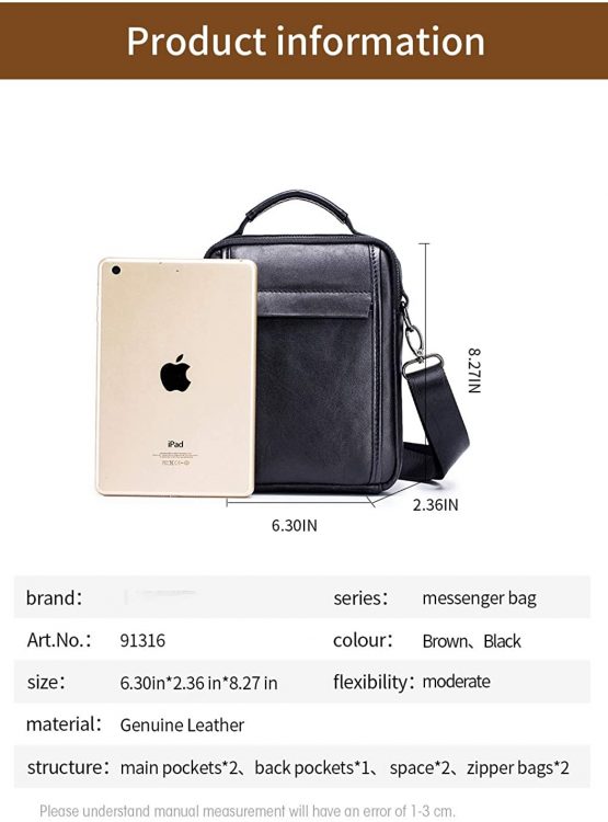 MANNUOSI Men's Cross-Body Bags Casual Fashion Real leather Top-Handle Messenger Handbag Brown - Image 3