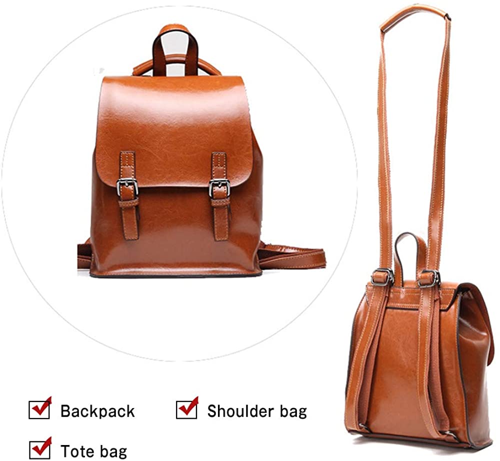 Card Boy Vintage Bright Oil-Wax Leather Backpack Multifunction Purse for Woman School Bag for Girls Fashion Travel Bag - Black - Image 4