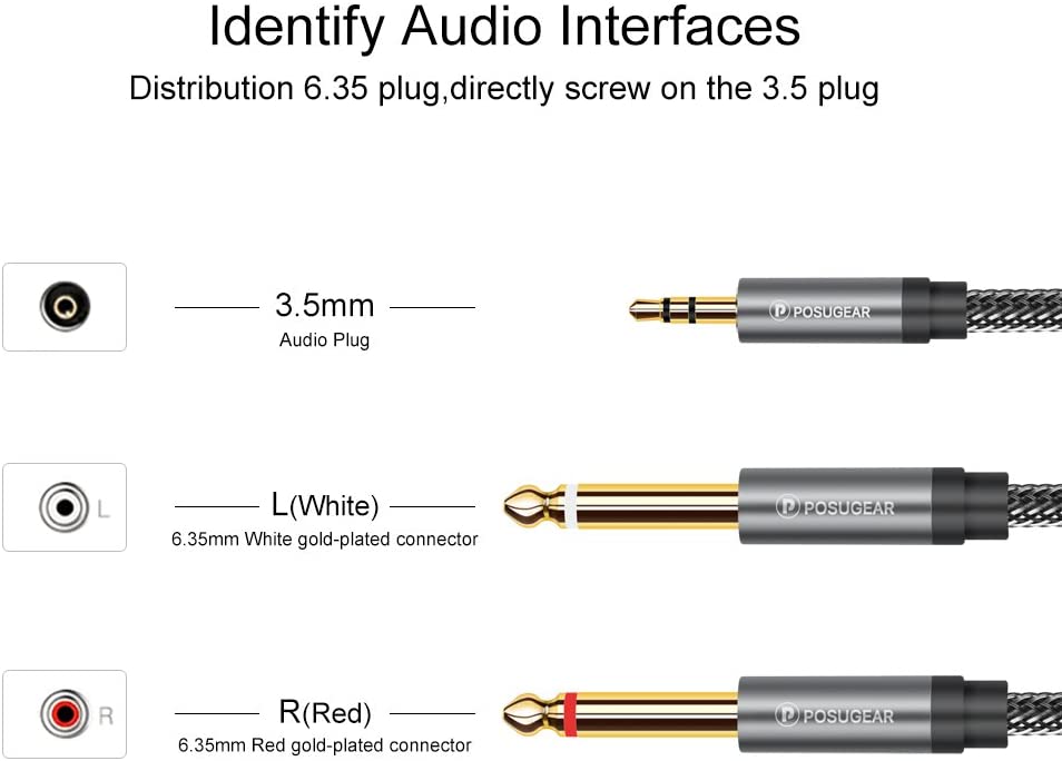 POSUGEAR 2m 3.5mm to 6.3mm Mono Audio Splitter, Nylon Braid Gold-Plated Cable for Mixer Audio Recorder, Guitar, Amplifier - Image 3