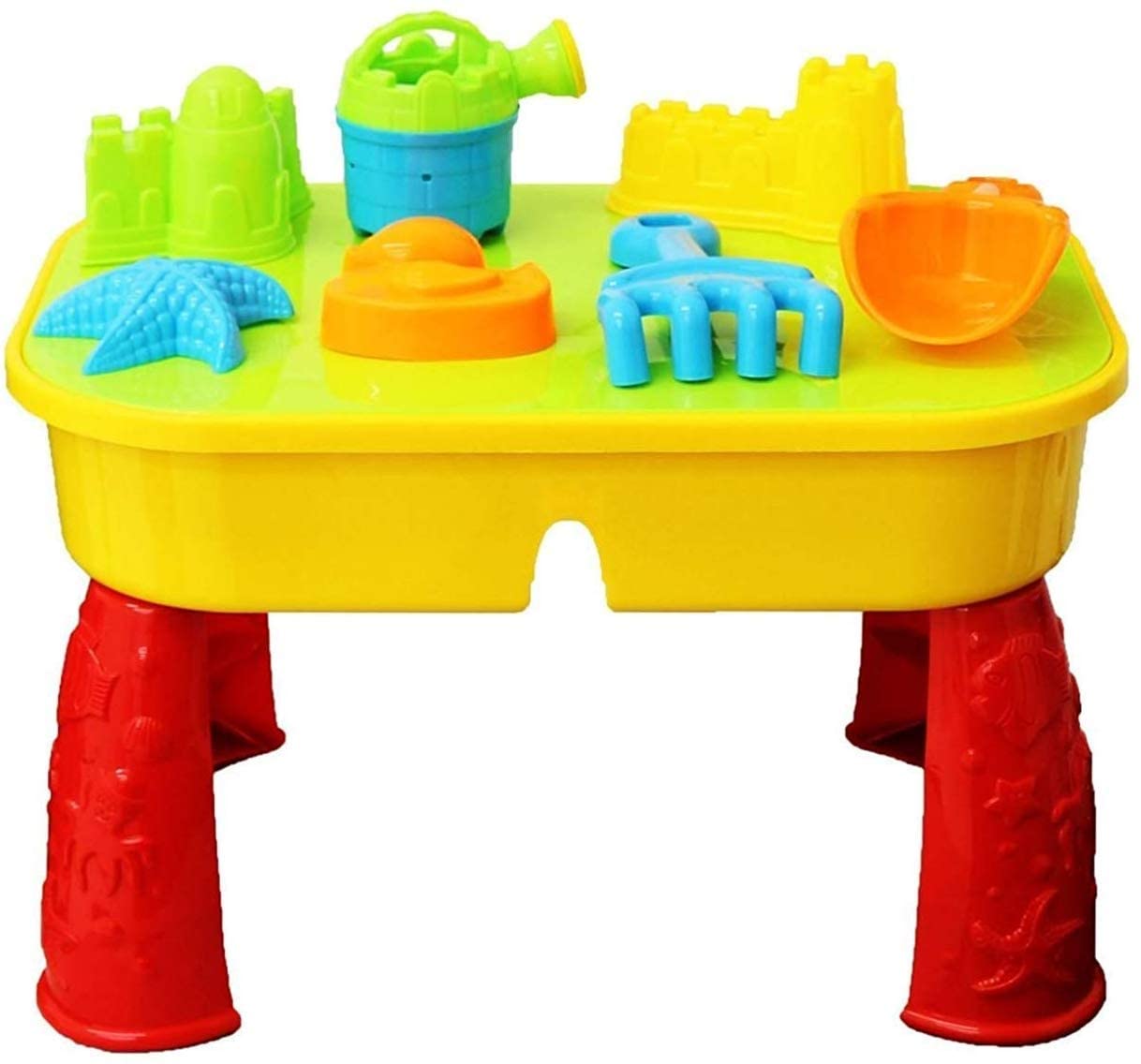KandyToys Sand and Water Table with Lid and Accessories - Kids Outdoor Play Garden Sandpit, Yellow, Red, Small (41x27x25cm) - Image 2