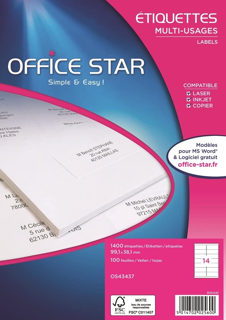 Office Star Multi-Use bôite 1400 Labels 99.1 x 38.1 MM White, 99,1 x 38,1 mm