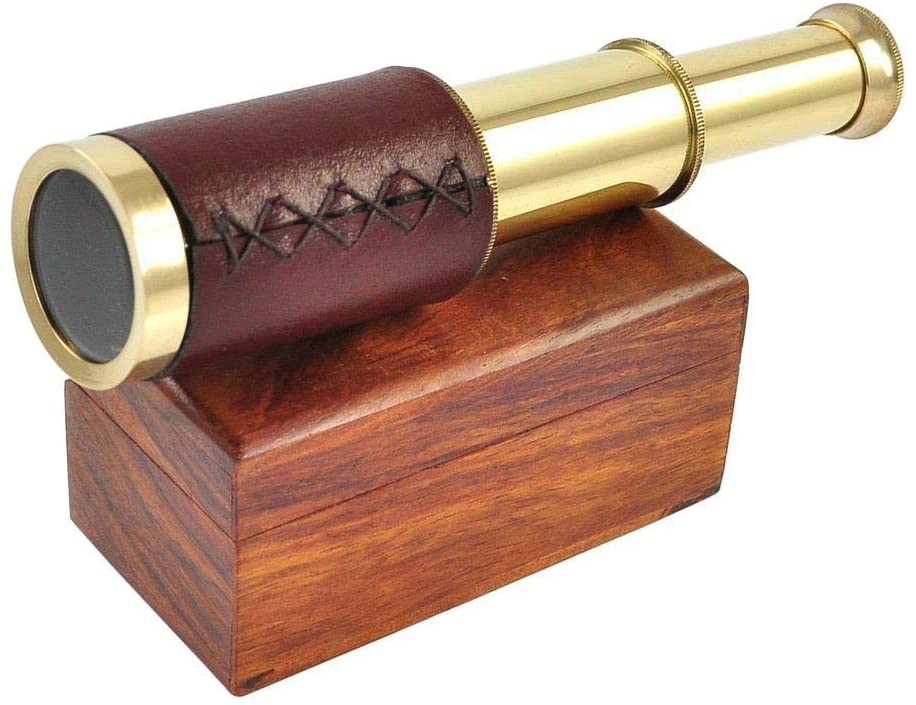 Antique leather bound brass telescope 6" with wooden Box