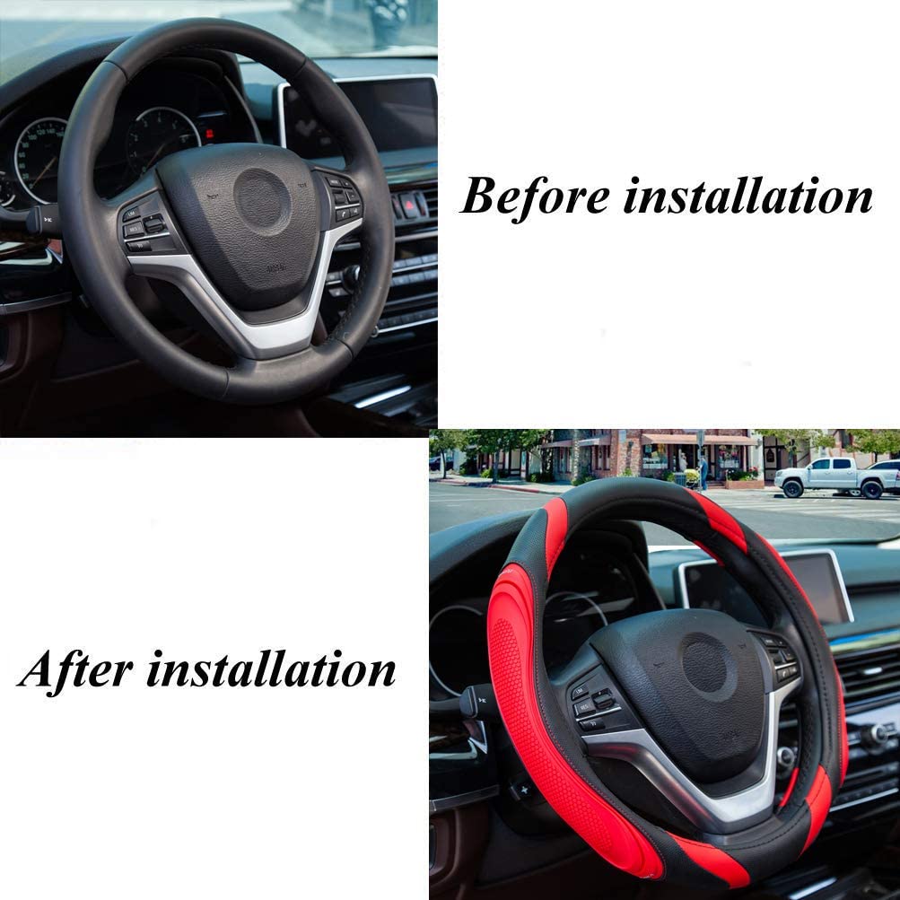 Car Steering Wheel Cover - Sportage Leather Steering Wheel Cover Universal Size M 37-38cm /14.5-15inch, Anti-slip, Breathable, Red - Image 4