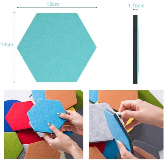 HyFanStr Coloured Hexagon Felt Tiles Board Notice Memo Bulletin Boards, Memo Display Board Small Pin Board with 16 Push Pins, Pack of 8 - Image 4