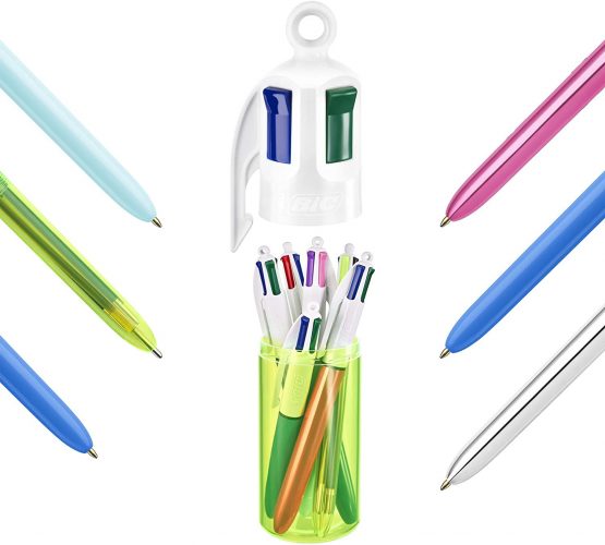 BIC 4 Colours Ballpoint Pens and Case - Set of 6 Pens and Decorative Pen Pot - Variety of Fun Designs, Original Size Pens and 1 Mini - Image 2