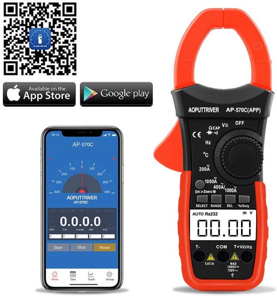 Digital Clamp Meter Bluetooth Multimeter AP-570C-APP 4000 Counts Auto Range AC / DC Voltage Current Resistance Capacitance Frequency Testing LCD Backlight
