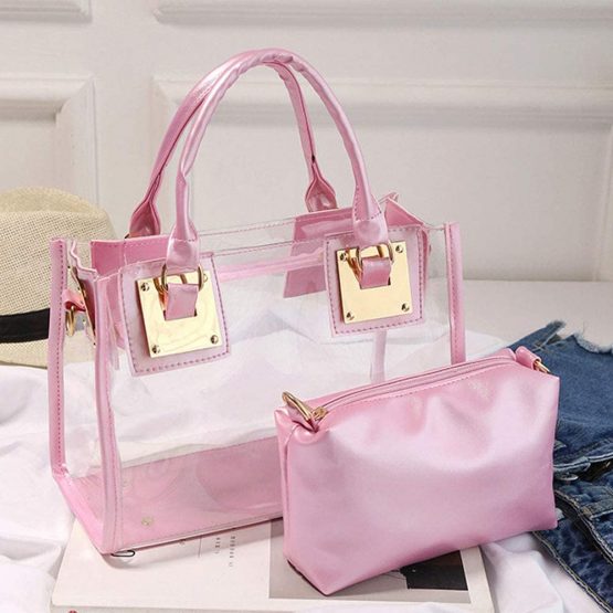 Rullar Women 2 Pcs Small Clear Tote Beach Shoulder Top-Handle Bag PVC Transparent Satchel Handbag Purse Pink - Image 3