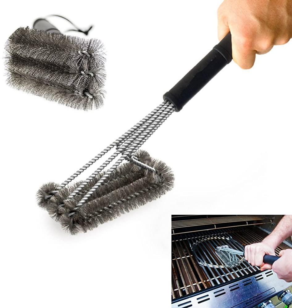 BBQ Grill Cleaning Brush 18" Triangle Metal Heavy Duty 3-Branch Steel Easy Clean