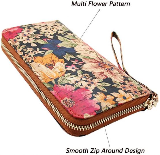 Boshiho Women's Cork Leather Wallet: Ecological & Vegan Women's Zipper Purse Cork Vegan Purse Gift for Ladies with Gift Box (Multi Flower cork1) - Image 3