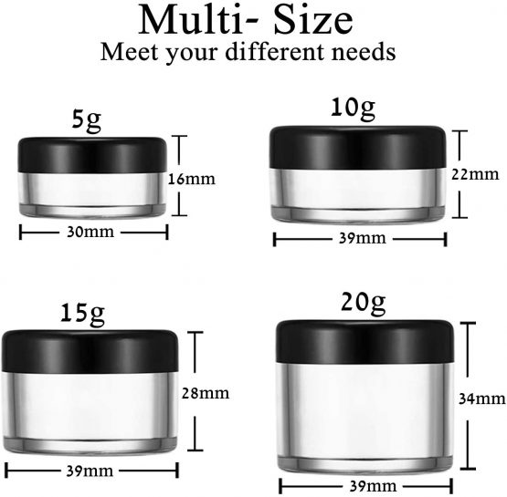 20 Pcs Empty Cosmetics Container Pots Travel Plastic Jars with Black Screw Lids for Cream, Sample, Powder, Makeup Storage (5, 10, 15, 20 Gram), Includes 3 Pack Mini Spatula by Yalbdopo - Image 2