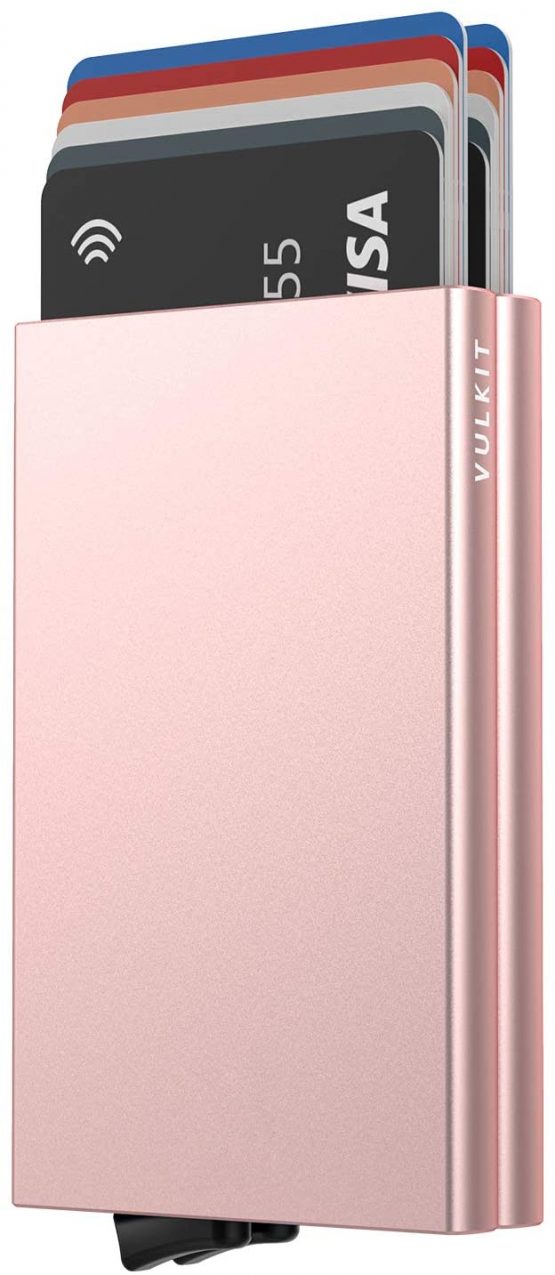 VULKIT Credit Card Holder RFID Protection, Pop Up Metal Card Holder with Double Card Cases Slim Smart Wallet for 10 Cards, Rose Gold