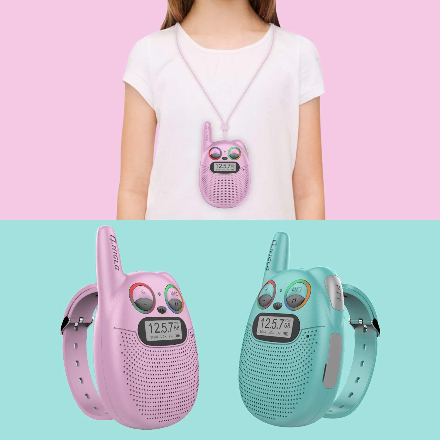 Rechargeable Kids Walkie-Talkies with FM Radio, 2 Miles Range, Twinkling LED Eyes - Image 2