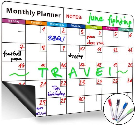 QC Life Magnetic Whiteboard Calendar for Fridge,Ideal for Menu Planner, Memo,Event Reminder,Monthly or Weekly Shopping List,Includes 4 Free Dry Erase Colour Markers,42cm x 30cm