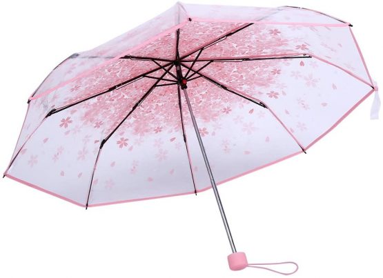Zerodis 36 Inch Transparent Clear Foldable Umbrellas with Cherry Blossom for Wind and Heavy Rain