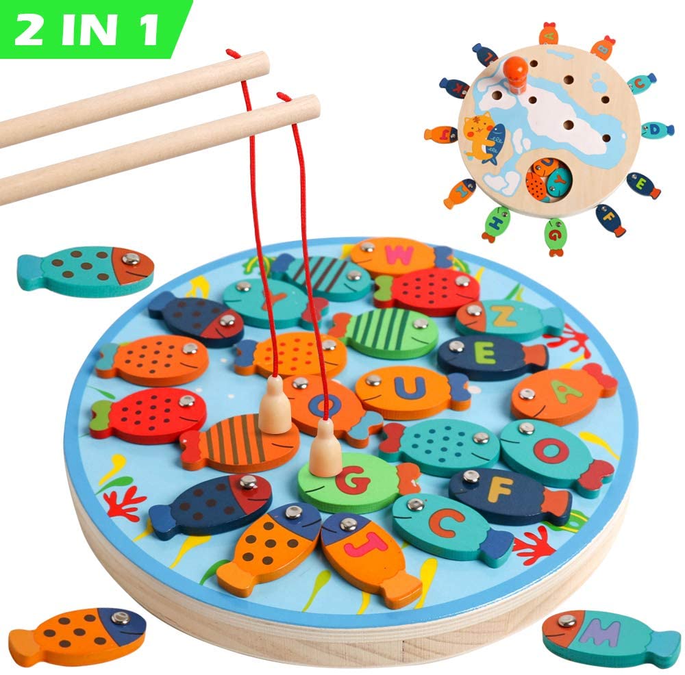 Tanku Toys® Alphabet Fishing Toy 30 PCS Wooden Letter Fishing Game for Kids Aged 3