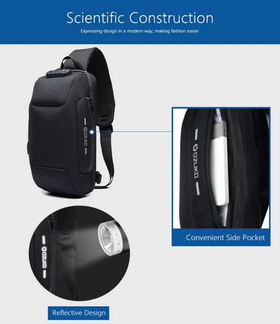 OZUKO Sling Cross Body Backpack, USB Anti-Theft Men's Chest Bag Casual Shoulder Bag - Image 2