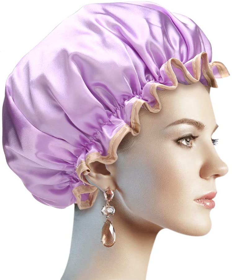H&S 2-Pack Waterproof Shower Caps for Women Girls & Men, Reusable Bath Hats for Long Hair, Purple & Black for Adults - Image 2