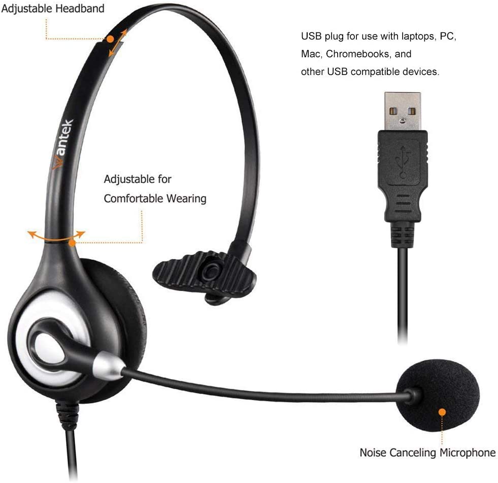 Wantek USB Headset with Microphone for Laptop USB/Type-C Jack Wired Headphones with Noise Cancelling Mic & Audio Controls - Image 3