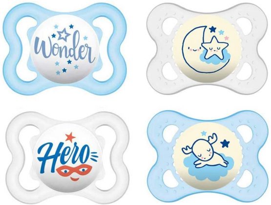 MAM Day & Night "Skin Soft" Silicone Dummy 0-6 // Neutral // Set of 4 // Includes 2 Sterilised Transport Boxes