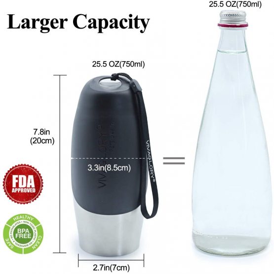 VIVAGLORY Leak Proof Dog Travel Water Bottle, 750 ml Portable Dog Drinking Bottle with Big Trough, BPA Free, Stainless Steel - Image 2
