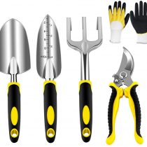 AGAKY Garden Tool Set 5 Piece Aluminum Gardening Tools Kit with Gloves, Pruning Shear, Rake, Shovel & Trowel Heavy Duty Indoor and Outdoor Hand Planting Kit Gardening Gifts for Women & Men, Yellow