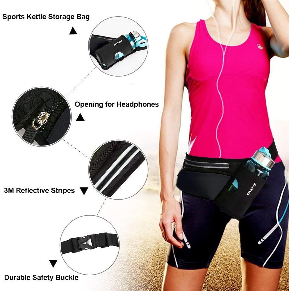 Waist Pack Sports Running Belt Pouch Bag with Water Bottle Holder and 2 Zipped Pockets for iPhone Samsung or Smartphones Hydration Packs for Man Women Workout Outdoors Climbing Cycling - Image 2