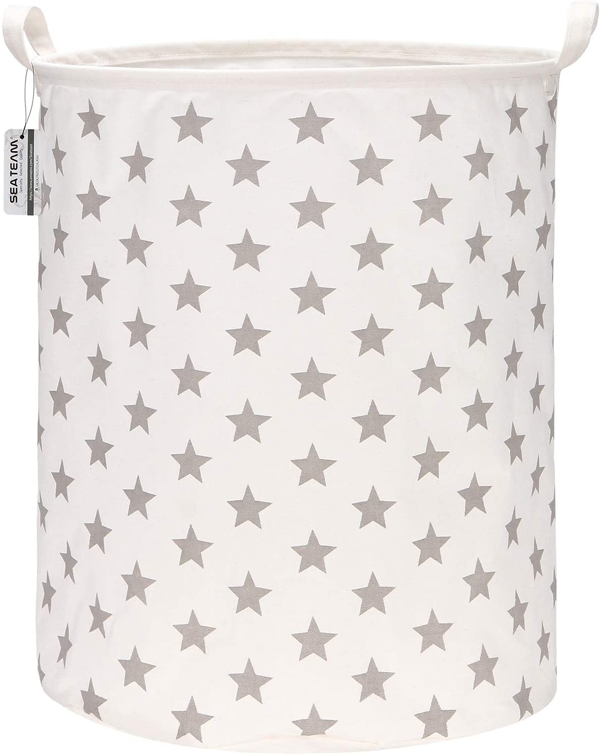 Sea Team 19.7 Inch Large Sized Waterproof Coating Ramie Cotton Fabric Folding Laundry Hamper Bucket Cylindric Burlap Canvas Storage Basket with Stylish Grey Stars Design