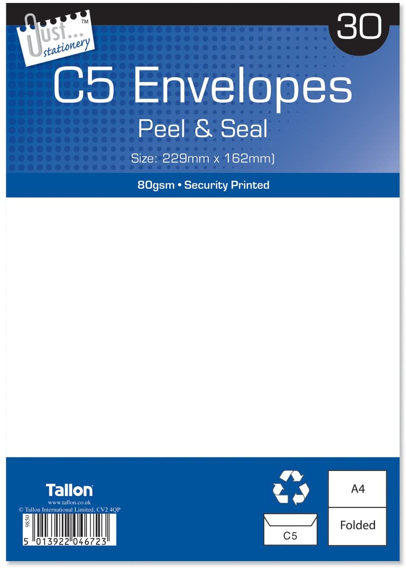 Tallon Just Stationery C5 Peel & Seal Envelopes - White (Pack of 30) 4672, C5 x 30